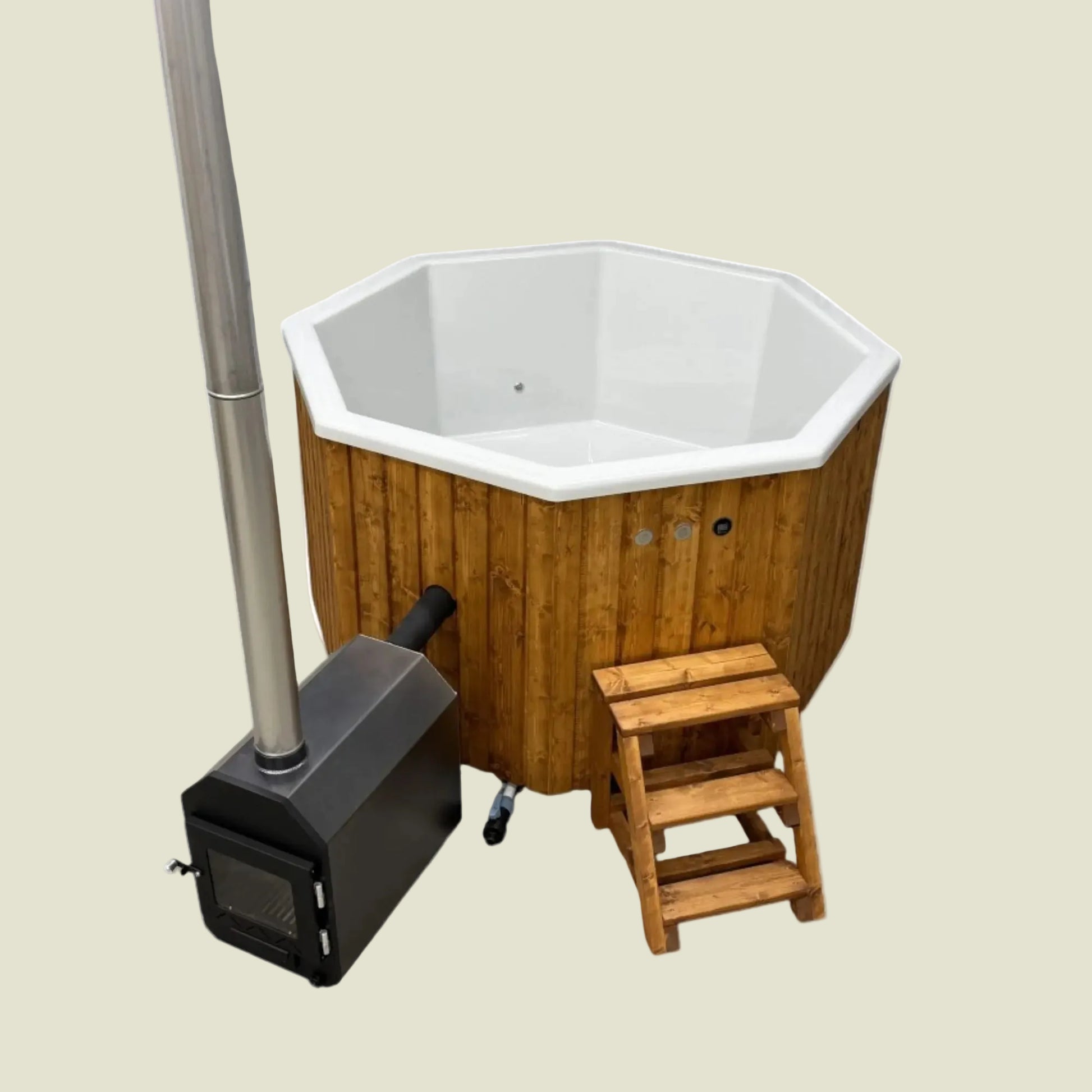 Bain nordique octogonal 180/180 coque blanche, habillage lasuré, poêle 35kW